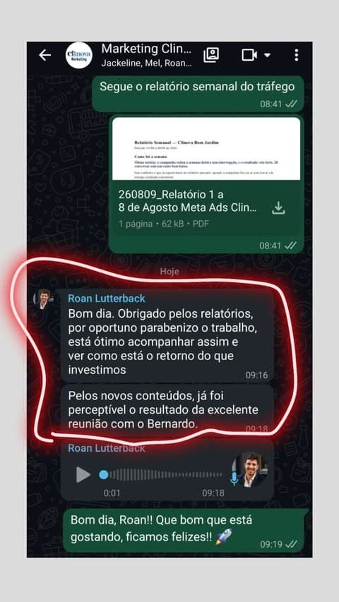 Mensagem de Clinova elogiando o trabalho da Boss Marketing