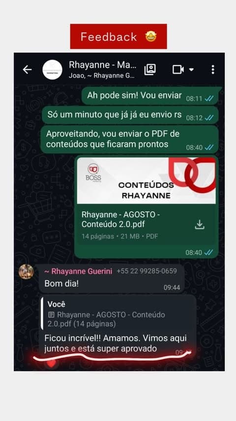 Mensagem de Dra. Rhayanne elogiando o trabalho da Boss Marketing